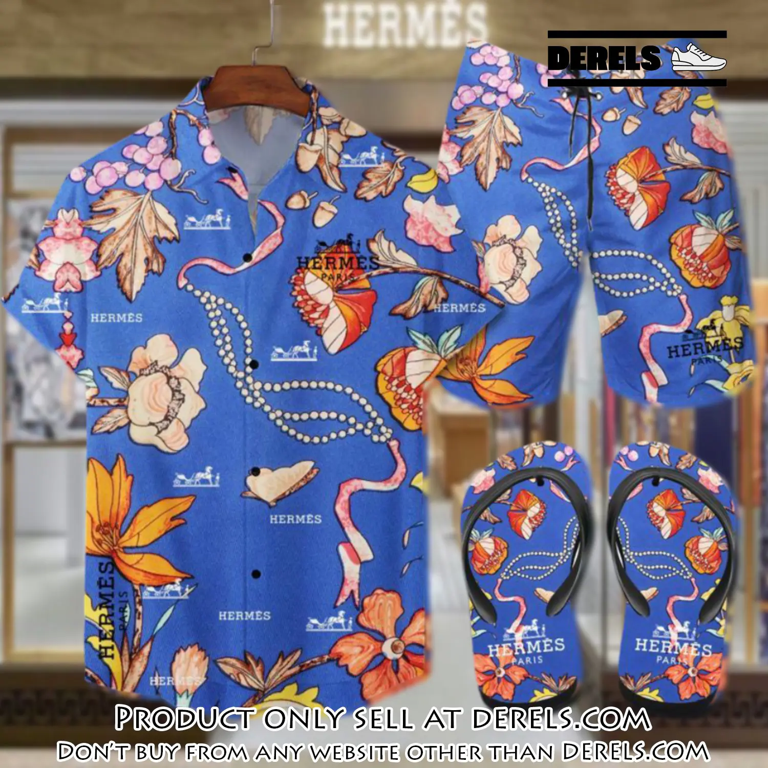 Hermes flip flops and combo hawaii shirt shorts luxury brand summer outfit hsf083 dr2518808